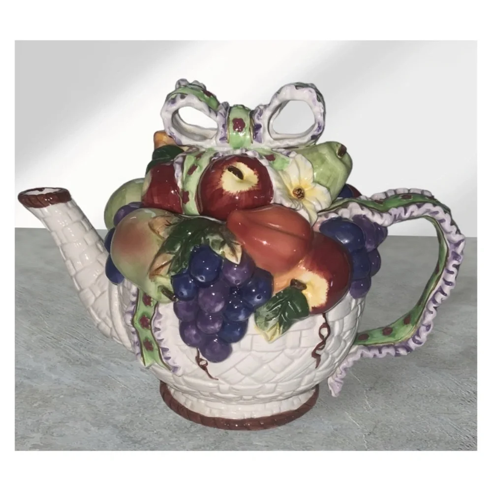 Tea For 3~Vintage 1970’s Colorful Fruit In A Basket~Ceramic Tea Pot & Three Cups